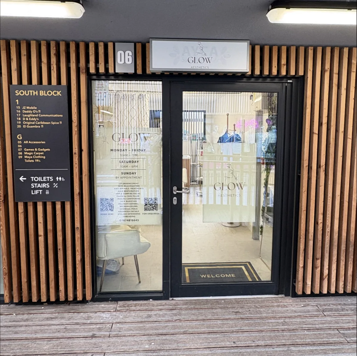 Slatted timber cladding beside the salon entrance